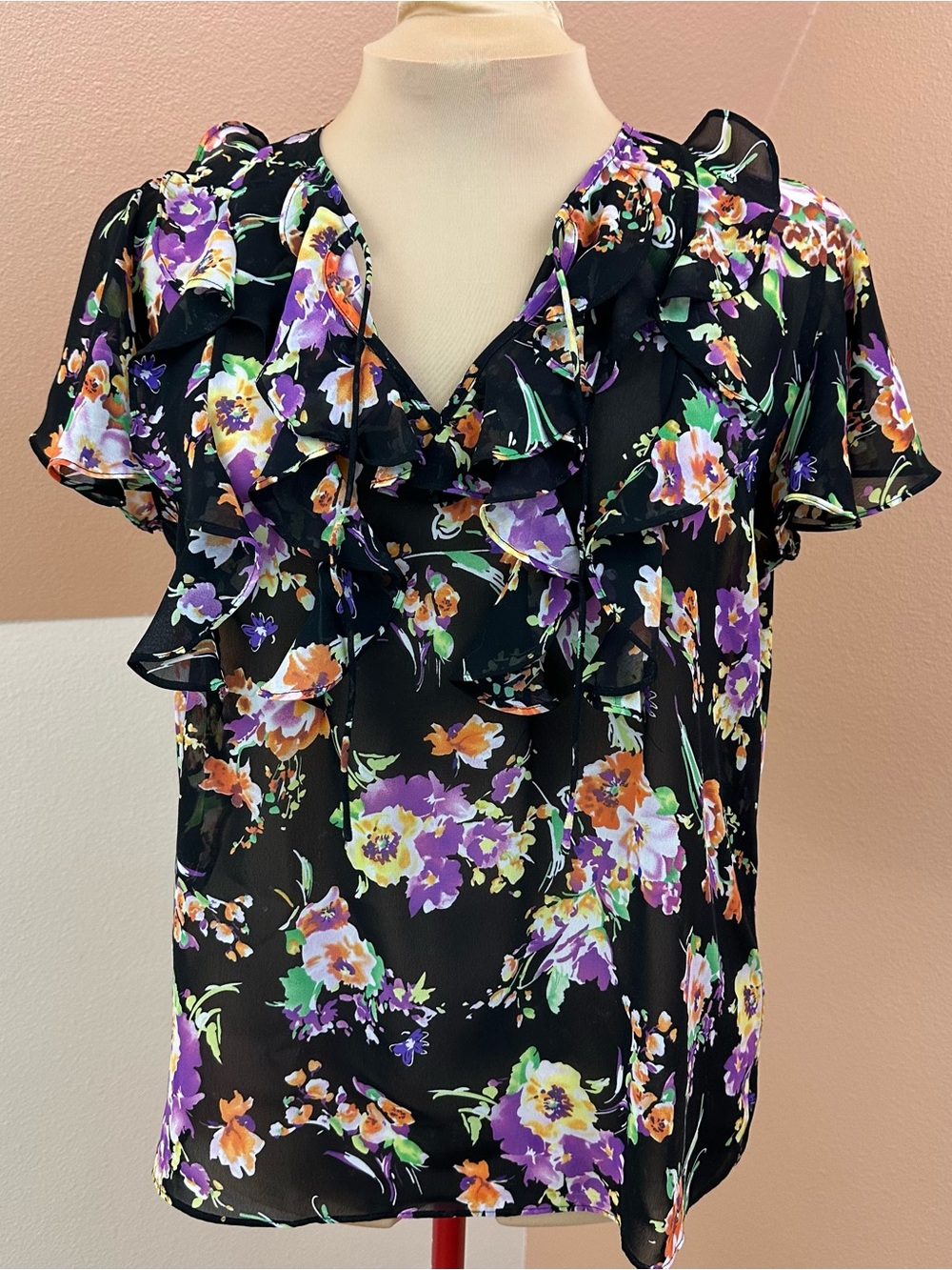 American Living Chiffon Blouse Womens L Sheer Floral Ruffle Tie Neck Office